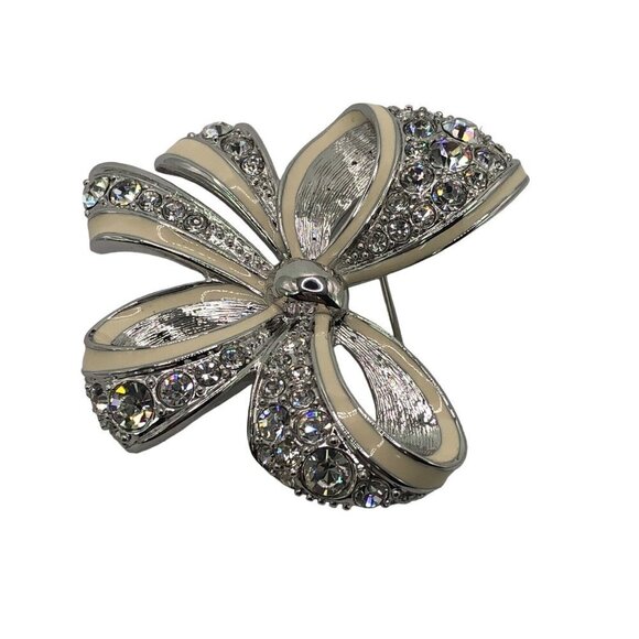 Nolan Miller Bow Pin Brooch Rhinestone Enamel Silver Tone - Picture 3 of 8